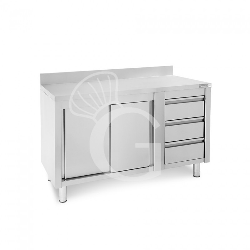 Mesa mural de acero con peto - puerta correderas - 3 cajones a la derecha - L1400 x P700 x H950mm