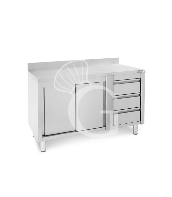 Mesa mural de acero con peto - puerta correderas - 3 cajones a la derecha - L1400 x P700 x H950mm