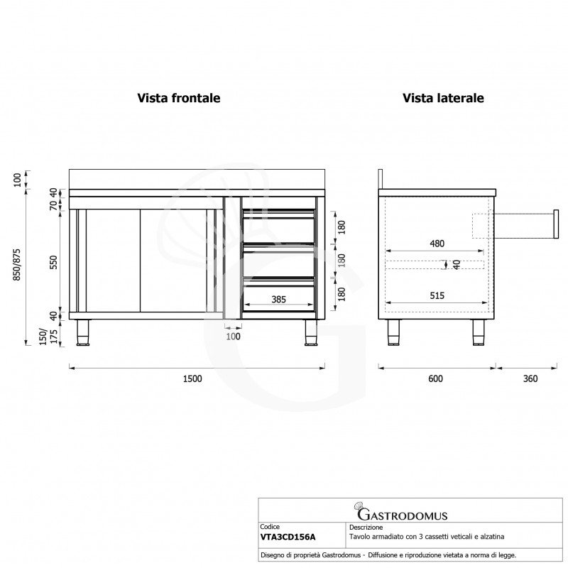 Mesa mural de acero con peto - puertas correderas - 3 cajones a la derecha - L1500 x P600 x H950mm