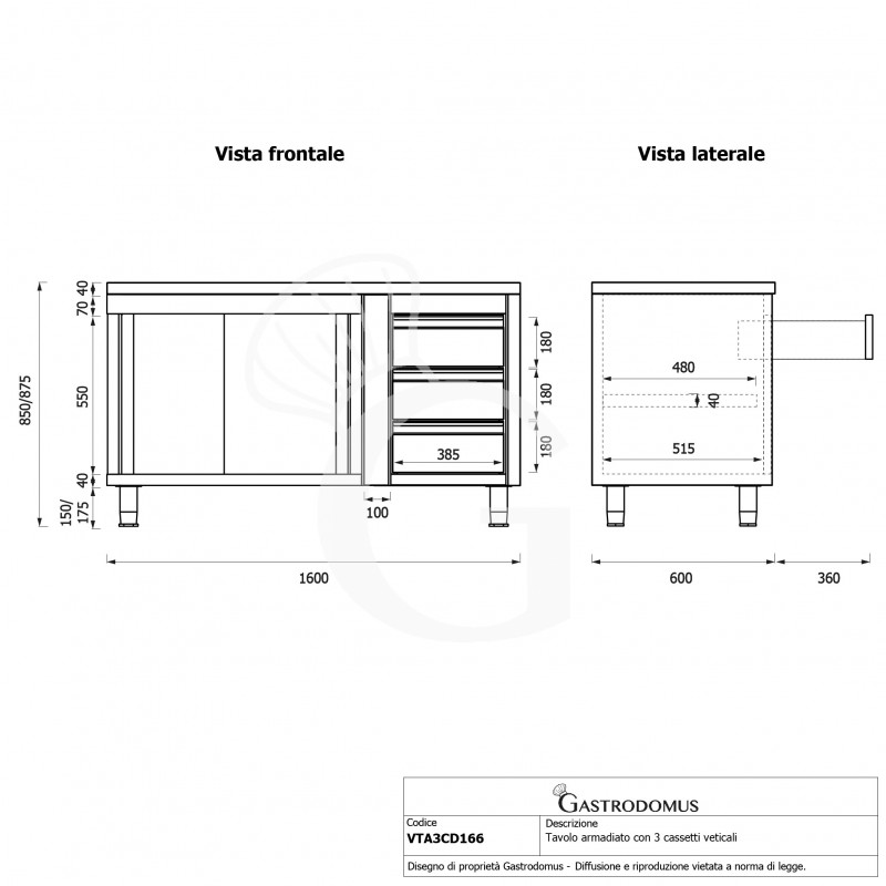 Mesa mural de acero – puertas correderas - 3 cajones a la derecha - L1600 x P600 x H850mm