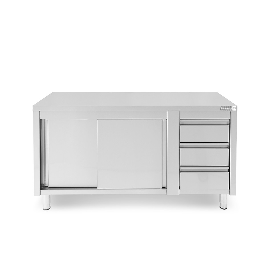 Mesa mural de acero – puertas correderas - 3 cajones a la derecha - L1800 x P700 x H850mm