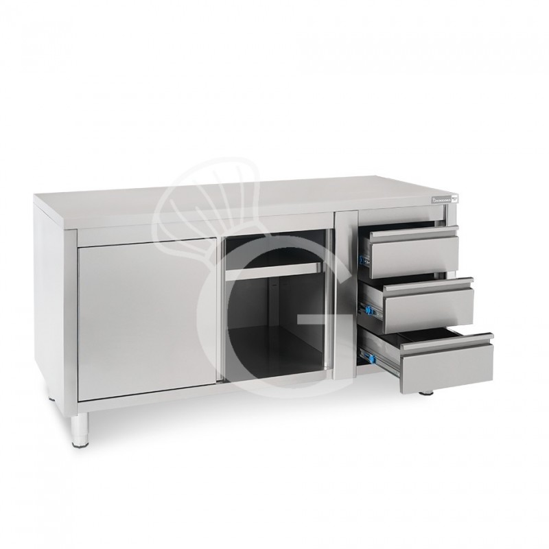 Mesa mural de acero – puertas correderas - 3 cajones a la derecha - L1800 x P700 x H850mm