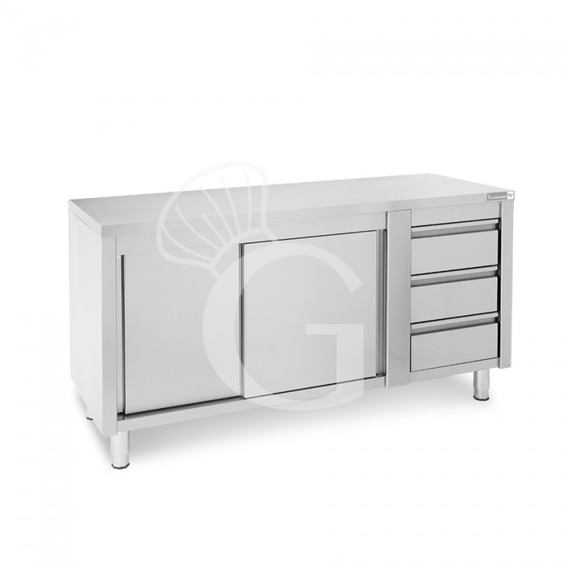 Mesa mural de acero – puertas correderas - 3 cajones a la derecha - L1800 x P700 x H850mm
