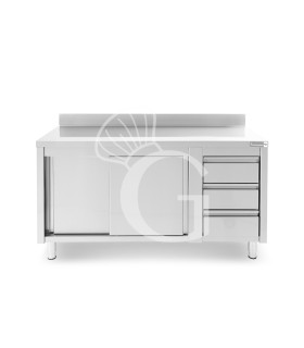 Mesa mural de acero con peto -puertas correderas - 3 cajones a la derecha - L1800 x P700 x H950mm