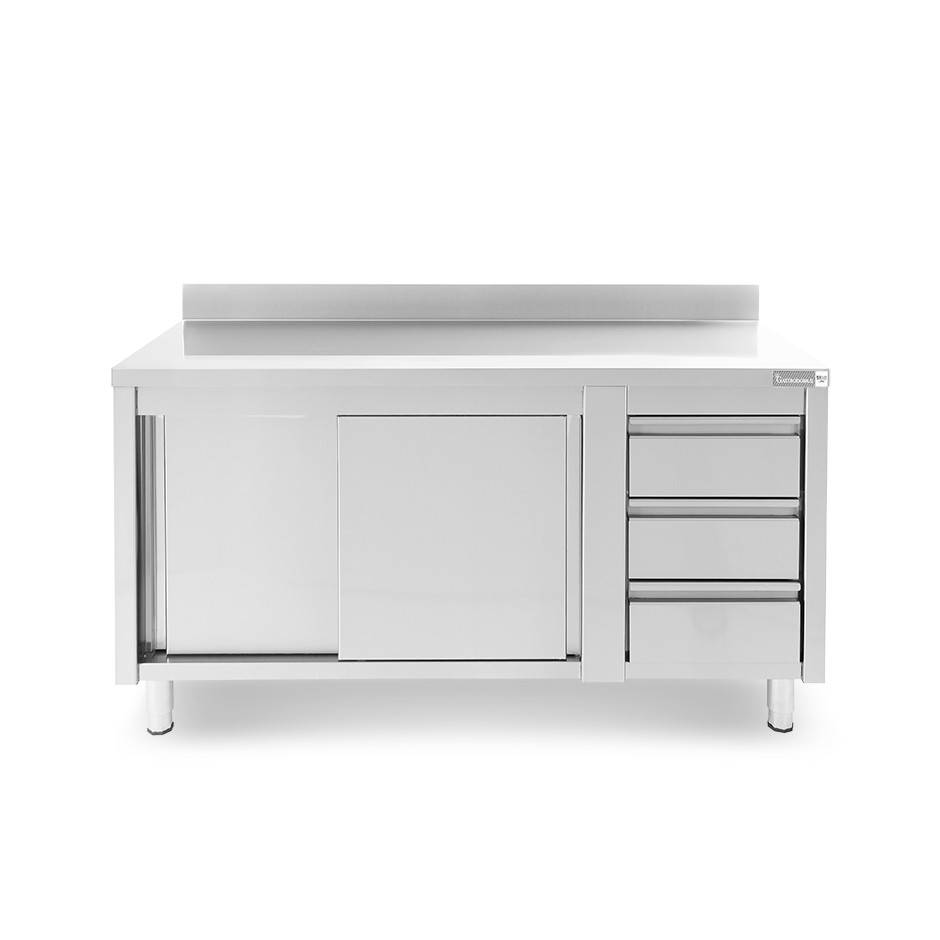 Mesa mural de acero con peto -puertas correderas - 3 cajones a la derecha - L1800 x P700 x H950mm