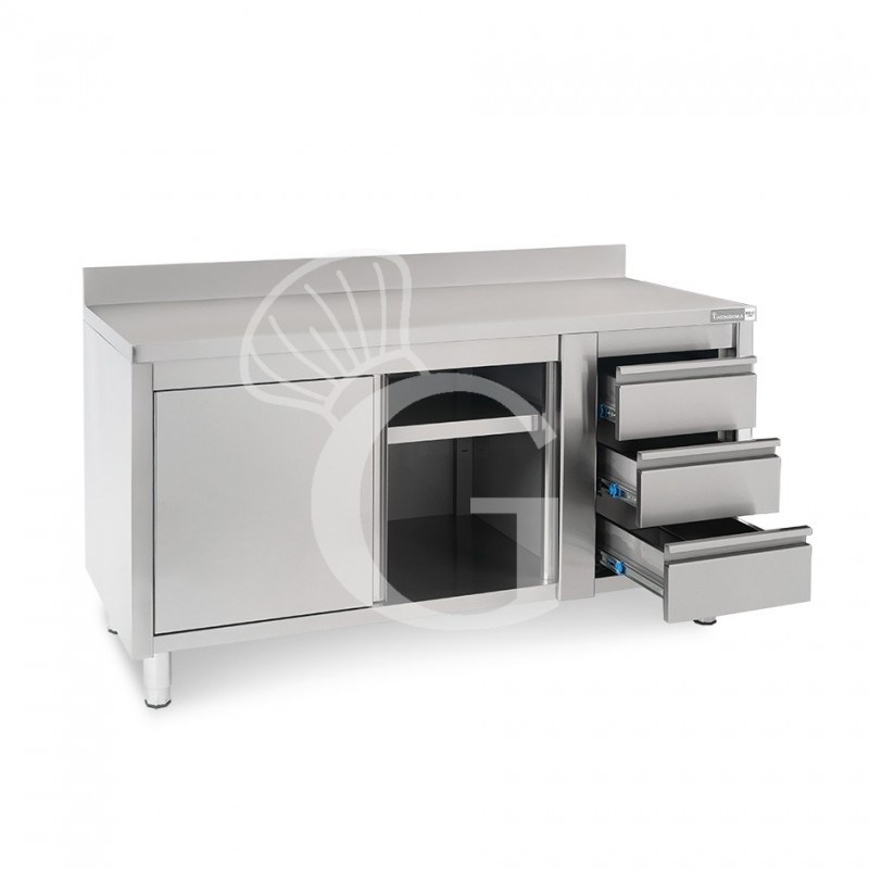 Mesa mural de acero con peto -puertas correderas - 3 cajones a la derecha - L1800 x P700 x H950mm