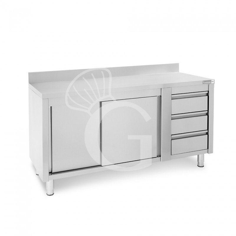 Mesa mural de acero con peto -puertas correderas - 3 cajones a la derecha - L1800 x P700 x H950mm