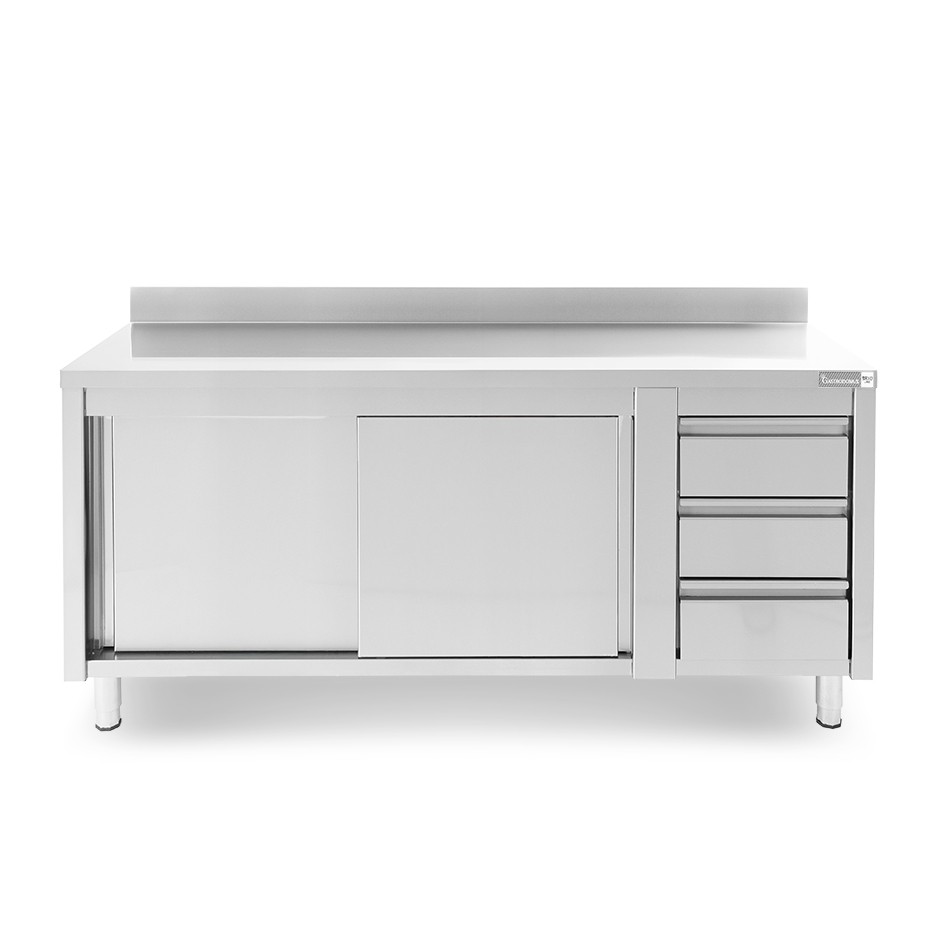 Mesa mural de acero con peto - puertas correderas - 3 cajones a la derecha - L2000 x P600 x H950mm