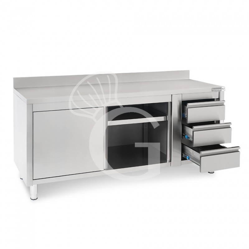 Mesa mural de acero con peto - puertas correderas - 3 cajones a la derecha - L2000 x P600 x H950mm
