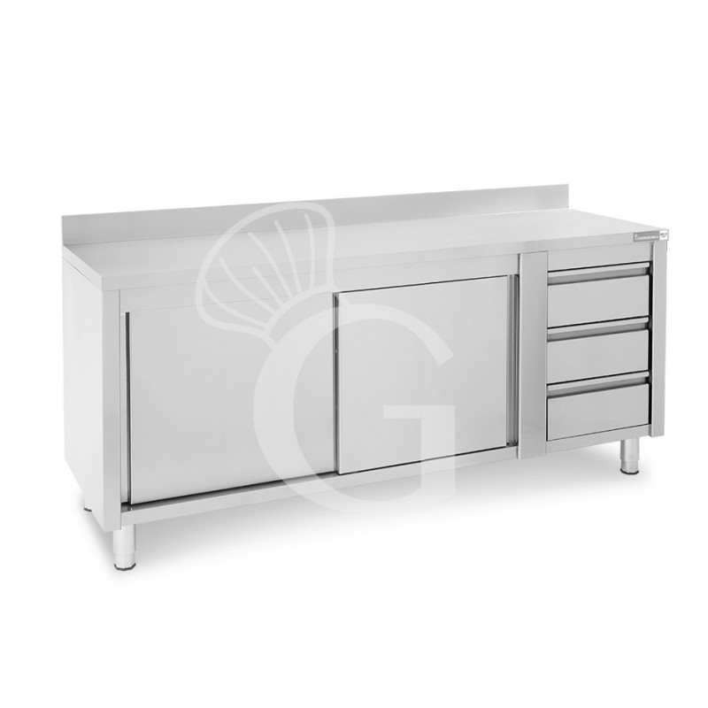 Mesa mural de acero con peto - puertas correderas - 3 cajones a la derecha - L2000 x P600 x H950mm