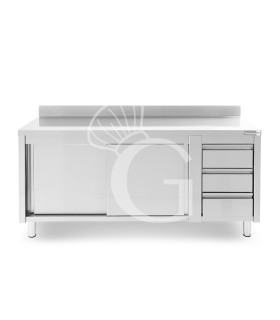 Mesa mural de acero con peto - puertas correderas - 3 cajones a la derecha - L2000 x P700 x H950mm