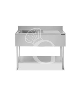 Fregadero inox con 1 cubeta y escurridor a la derecha, estante y peto L 1300 mm x P 700 mm x A 950 mm