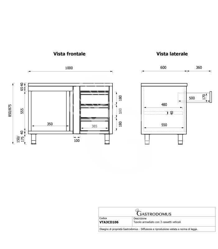 Mesa mural de acero -1 puerta batiente - 3 cajones a la derecha - L1000 x P600 x H850mm