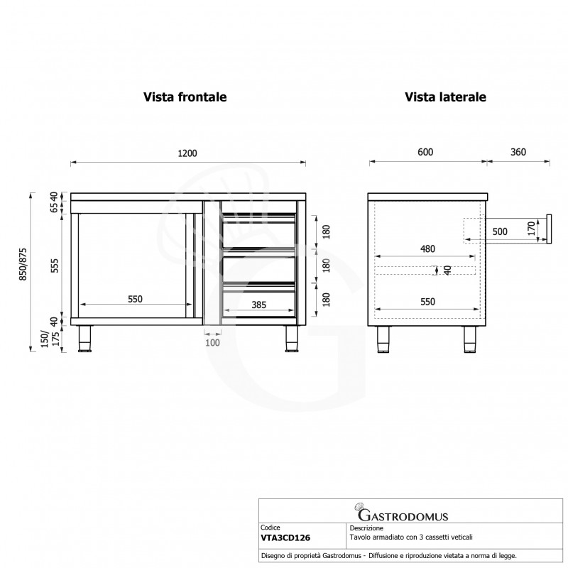 Mesa mural de acero - 1 puerta batiente - 3 cajones a la derecha - L1200 x P600 x H850mm