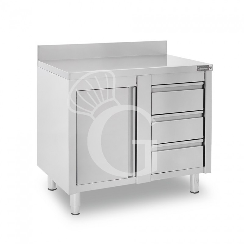 Mesa mural de acero con peto -1 puerta batiente - 3 cajones a la derecha - L1200 x P600 x H950mm
