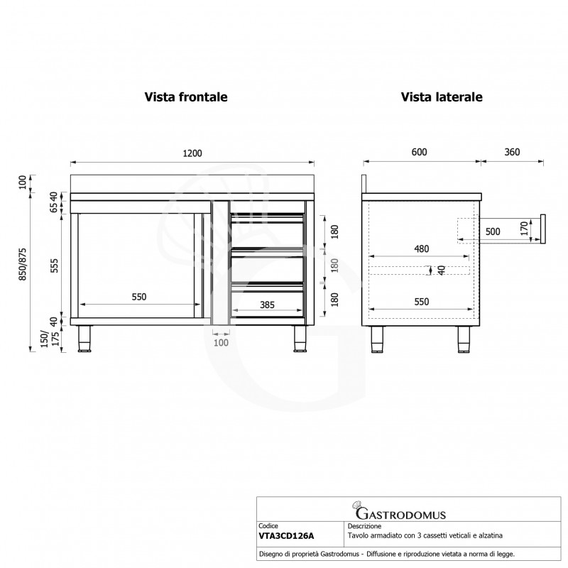Mesa mural de acero con peto -1 puerta batiente - 3 cajones a la derecha - L1200 x P600 x H950mm