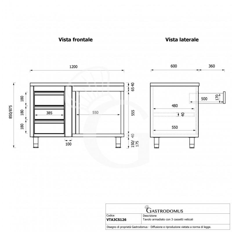 Mesa mural de acero -1 puerta batiente - 3 cajones a la izquierda - L1200 x P600 x H850mm