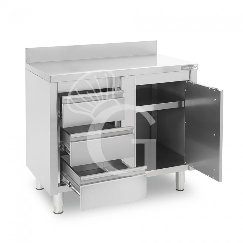 Mesa mural de acero con peto -1 puerta batiente - 3 cajones a la izquierda - L1200 x P600 x H950mm