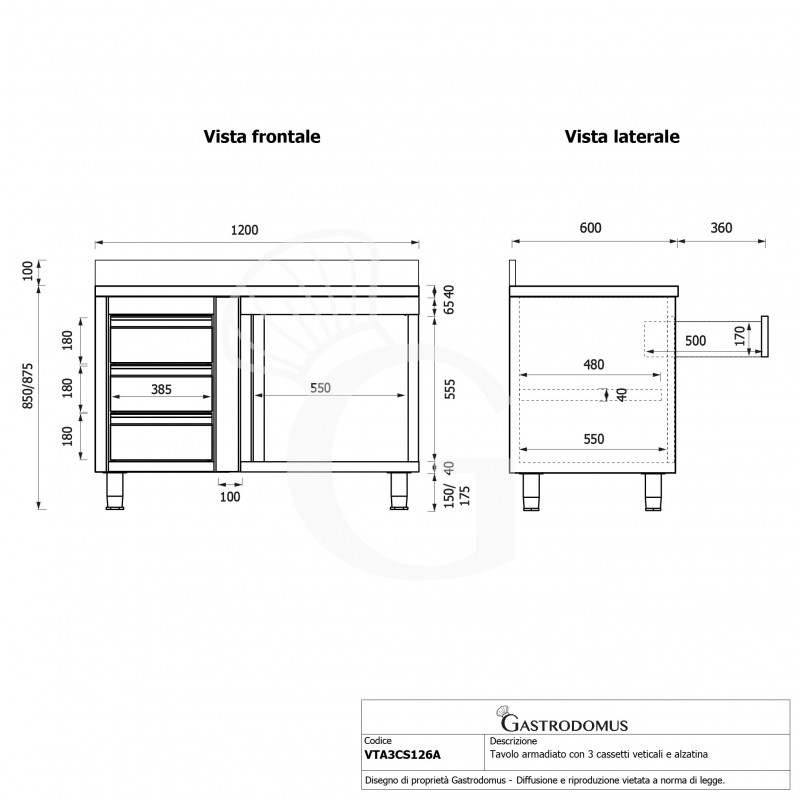 Mesa mural de acero con peto -1 puerta batiente - 3 cajones a la izquierda - L1200 x P600 x H950mm