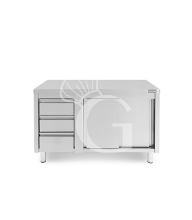Mesa con armario, puertas correderas, 3 cajones a la izquierda, L 1400 x P 600 x H 850 mm