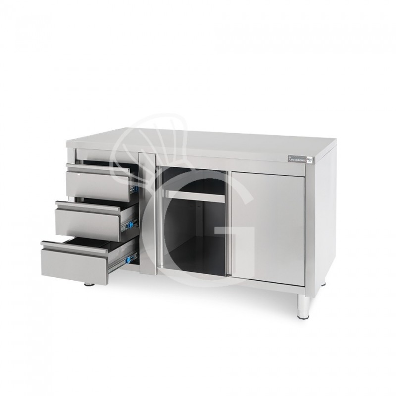 Mesa con armario, puertas correderas, 3 cajones a la izquierda, L 1400 x P 600 x H 850 mm