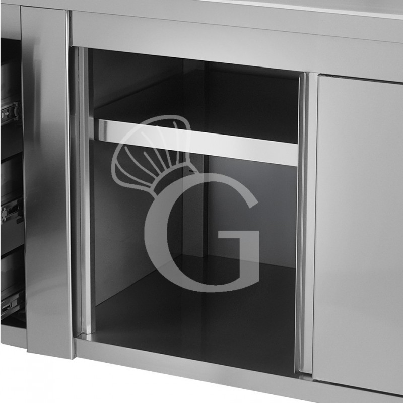 Mesa con armario, puertas correderas, 3 cajones a la izquierda, L 1400 x P 600 x H 850 mm