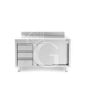 Mesa mural de acero con peto – puertas correderas - 3 cajones a la izquierda - L1400 x P600 x H950mm
