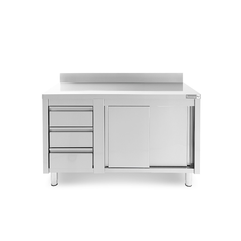 Mesa mural de acero con peto – puertas correderas - 3 cajones a la izquierda - L1400 x P600 x H950mm
