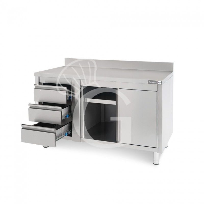Mesa mural de acero con peto – puertas correderas - 3 cajones a la izquierda - L1400 x P600 x H950mm
