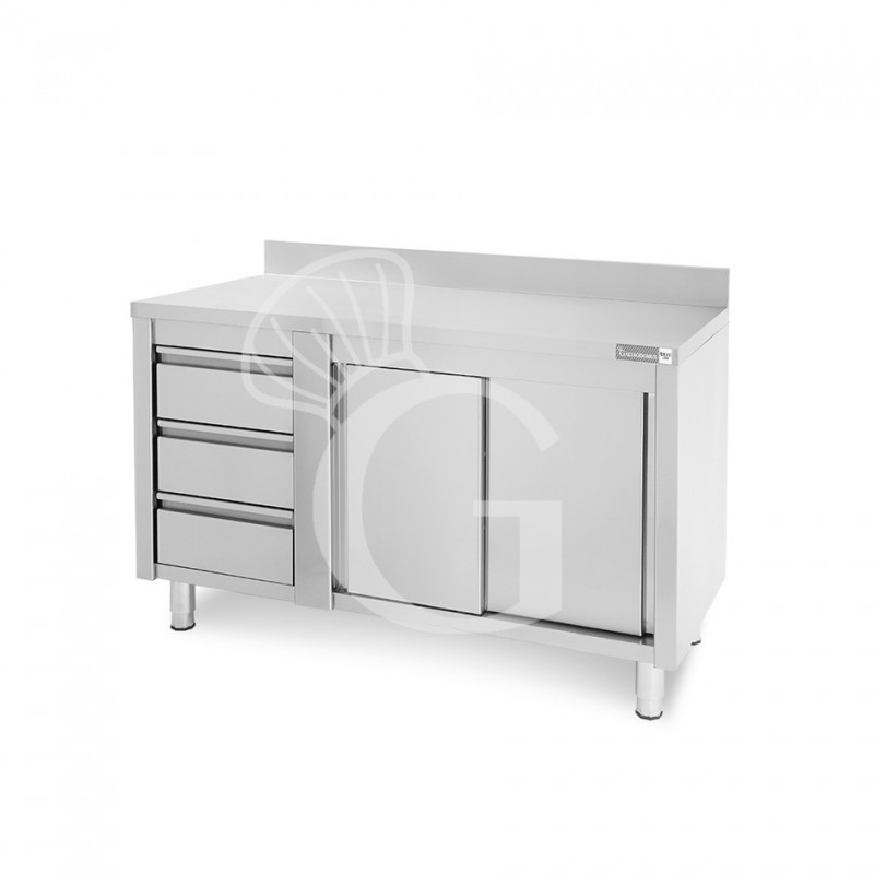 Mesa mural de acero con peto – puertas correderas - 3 cajones a la izquierda - L1400 x P600 x H950mm