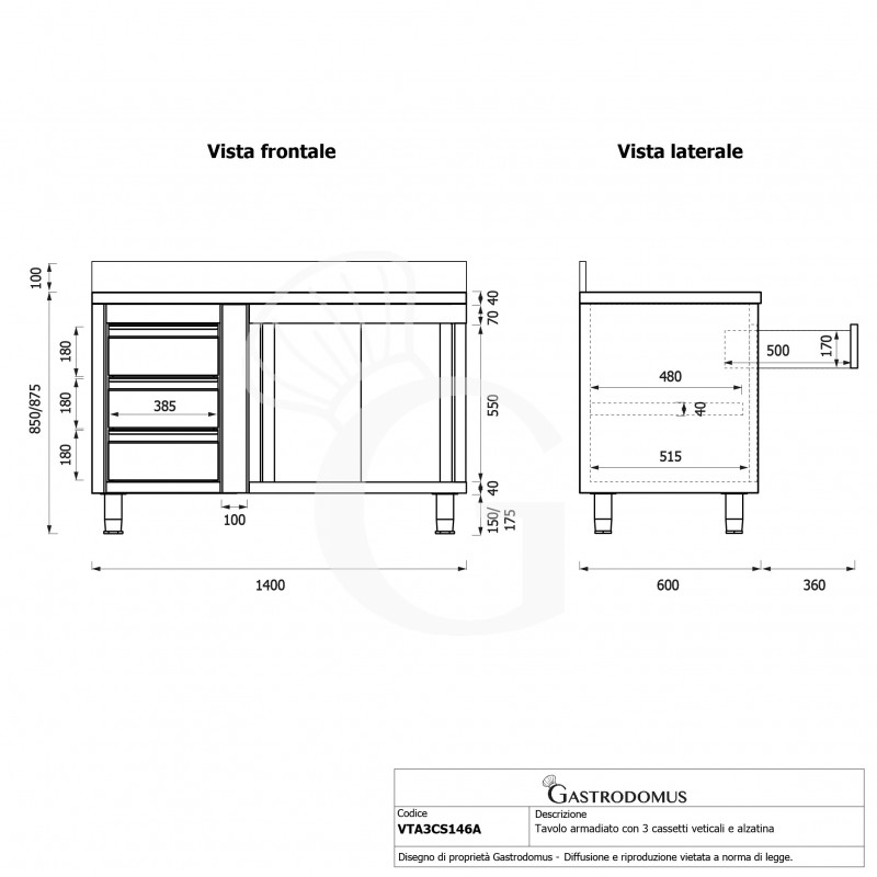 Mesa mural de acero con peto – puertas correderas - 3 cajones a la izquierda - L1400 x P600 x H950mm