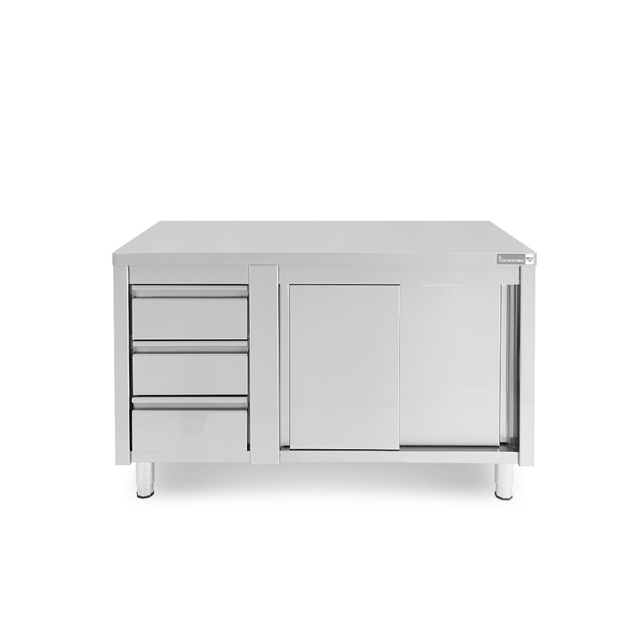 Mesa mural de acero – puertas correderas - 3 cajones a la izquierda - L1400 x P700 x H850mm