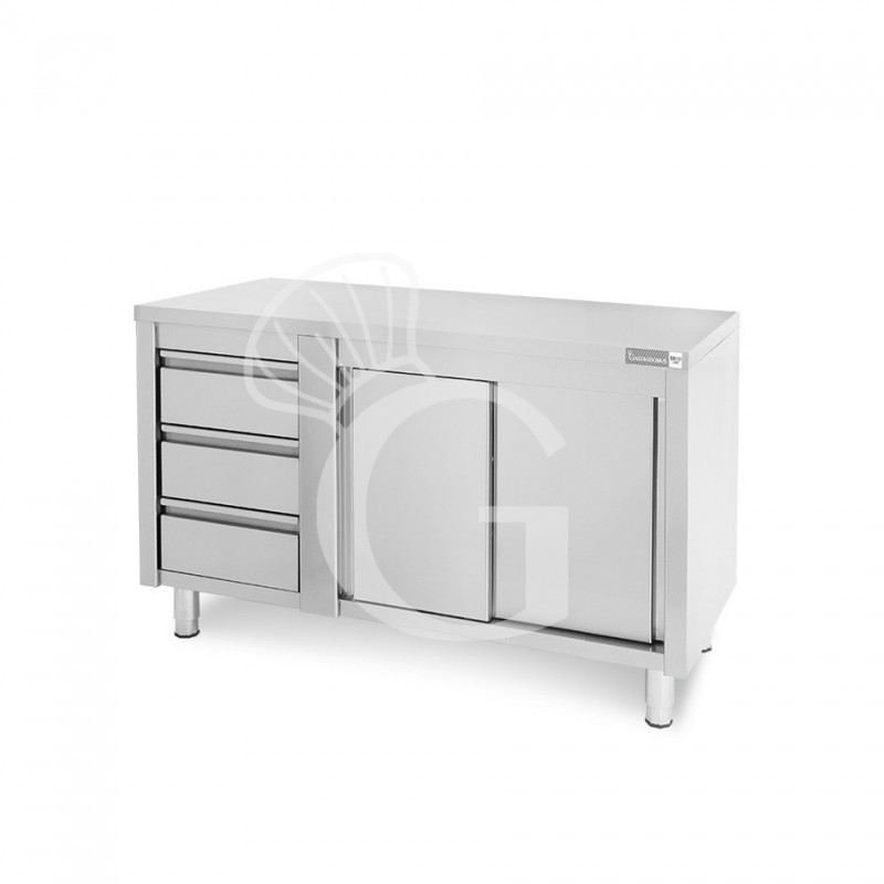 Mesa mural de acero – puertas correderas - 3 cajones a la izquierda - L1400 x P700 x H850mm