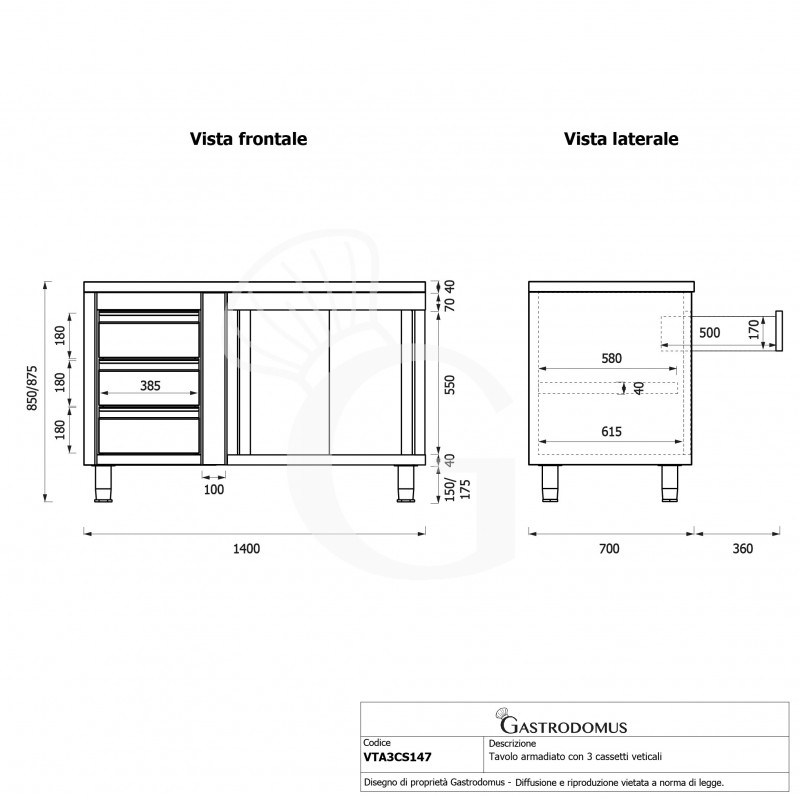 Mesa mural de acero – puertas correderas - 3 cajones a la izquierda - L1400 x P700 x H850mm
