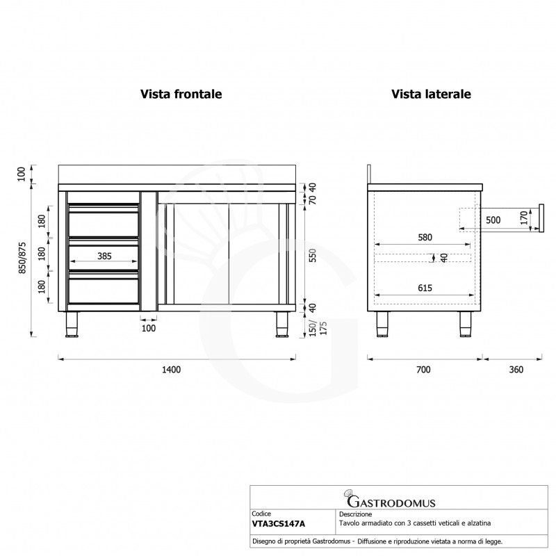 Mesa mural de acero con peto – puertas correderas - 3 cajones a la izquierda - L1400 x P700 x H950mm