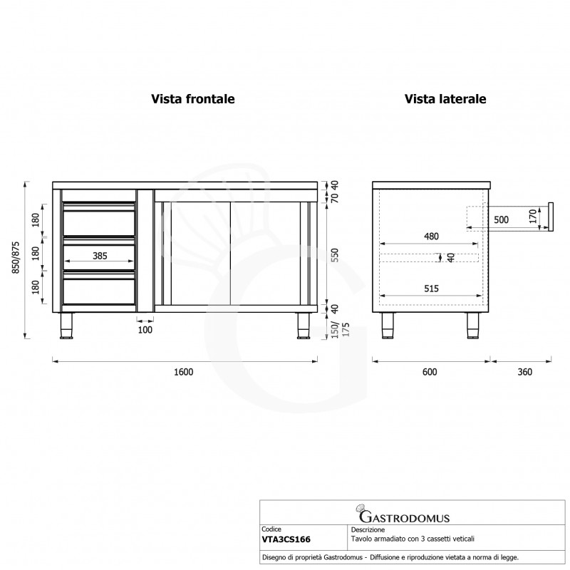 Mesa mural de acero – puertas correderas - 3 cajones a la izquierda - L1600 x P600 x H850mm