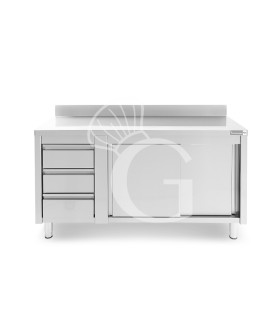 Mesa mural de acero con peto – puertas correderas - 3 cajones a la izquierda - L1600 x P600 x H950mm