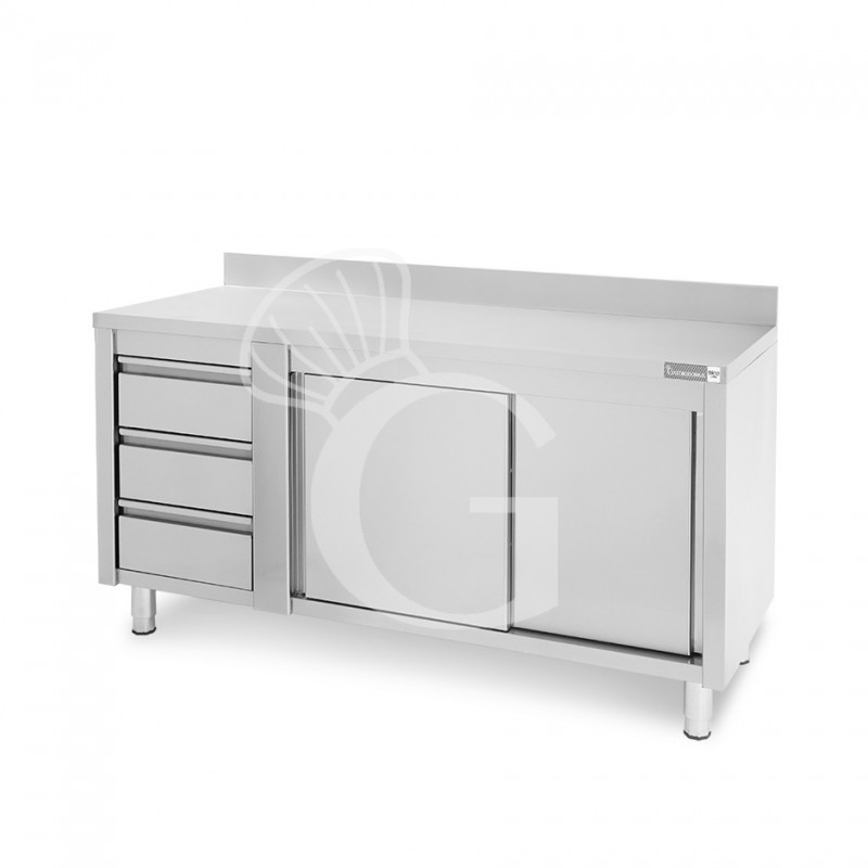 Mesa mural de acero con peto – puertas correderas - 3 cajones a la izquierda - L1600 x P600 x H950mm