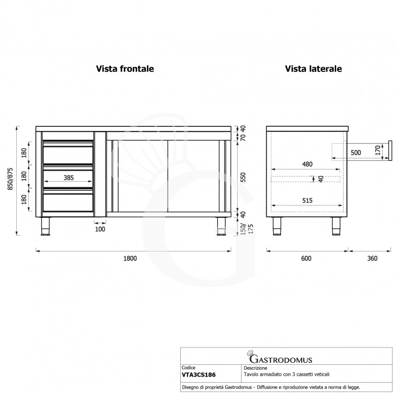 Mesa mural de acero – puertas correderas - 3 cajones a la izquierda - L1800 x P600 x H850mm
