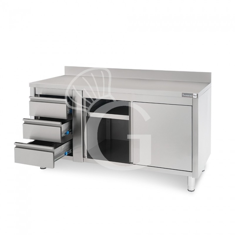 Mesa mural de acero con peto – puertas correderas - 3 cajones a la izquierda - L1800 x P600 x H950mm