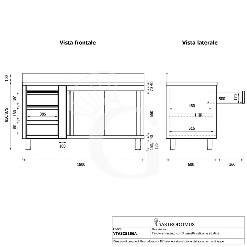 Mesa mural de acero con peto – puertas correderas - 3 cajones a la izquierda - L1800 x P600 x H950mm