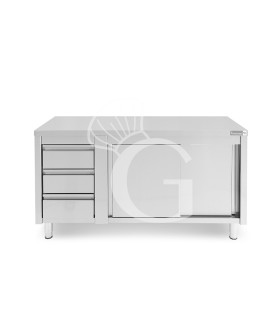 Mesa mural de acero – puertas correderas - 3 cajones a la izquierda - L1800 x P700 x H850mm