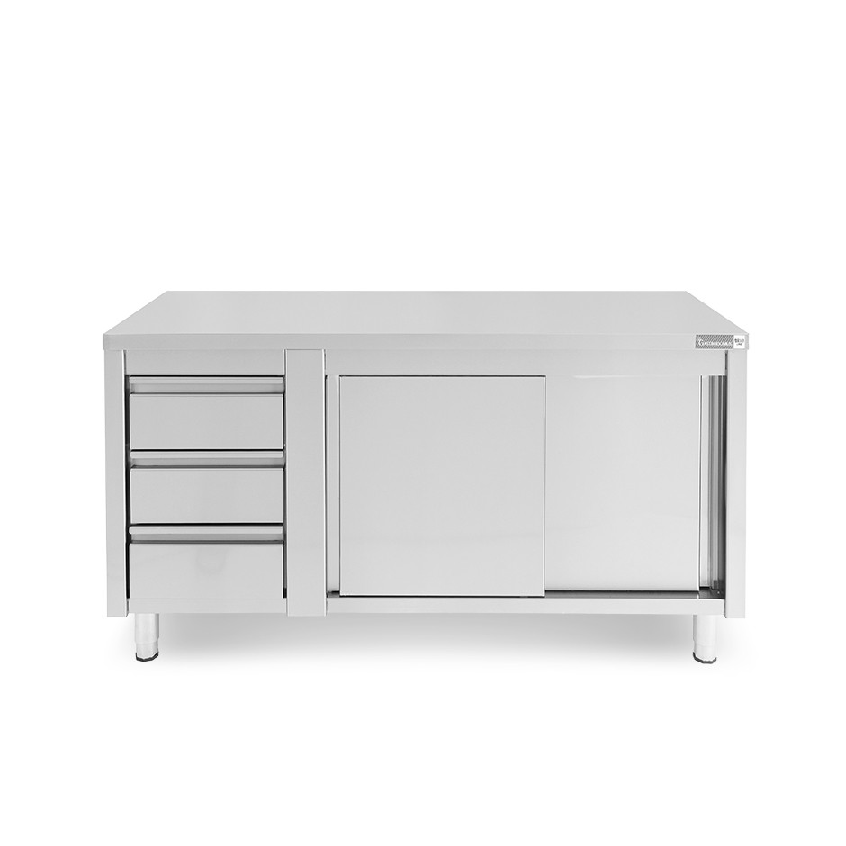 Mesa mural de acero – puertas correderas - 3 cajones a la izquierda - L1800 x P700 x H850mm