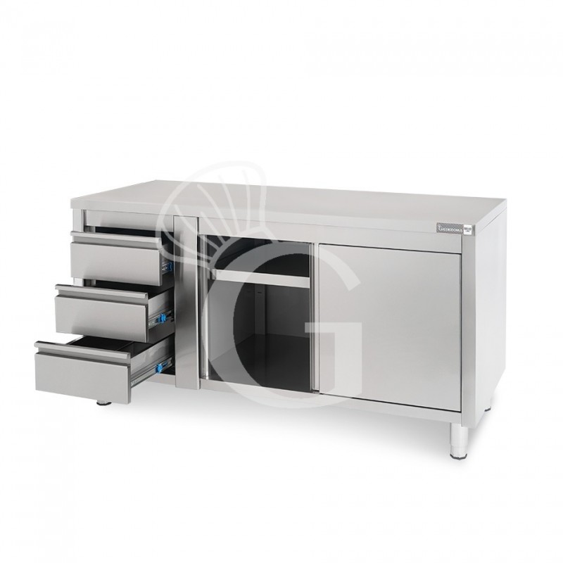 Mesa mural de acero – puertas correderas - 3 cajones a la izquierda - L1800 x P700 x H850mm