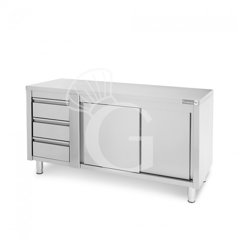 Mesa mural de acero – puertas correderas - 3 cajones a la izquierda - L1800 x P700 x H850mm