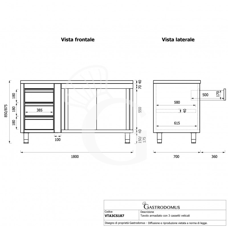 Mesa mural de acero – puertas correderas - 3 cajones a la izquierda - L1800 x P700 x H850mm