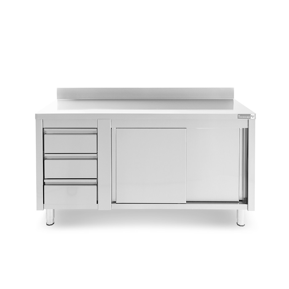 Mesa mural de acero con peto – puertas correderas - 3 cajones a la izquierda - L1800 x P700 x H950mm