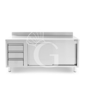 Mesa mural de acero con peto – puertas correderas - 3 cajones a la izquierda - L2000 x P600 x H950mm