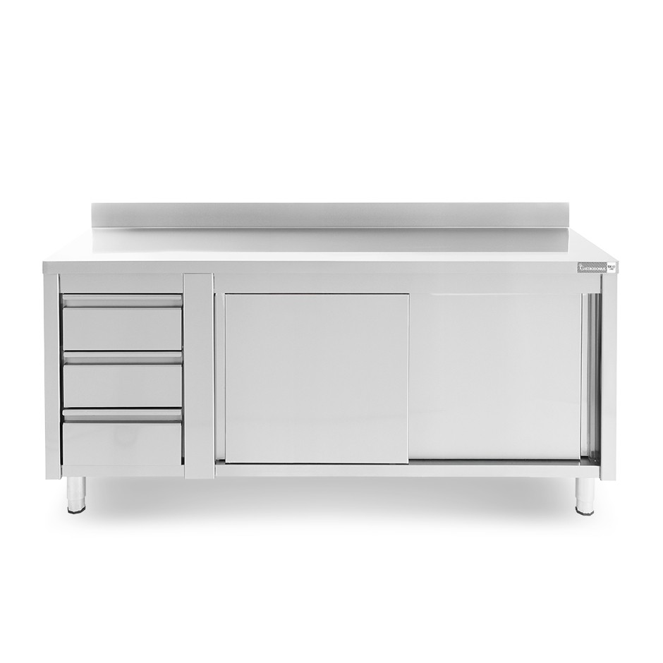 Mesa mural de acero con peto – puertas correderas - 3 cajones a la izquierda - L2000 x P600 x H950mm