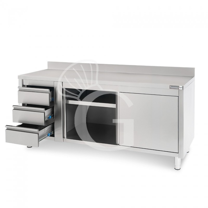 Mesa mural de acero con peto – puertas correderas - 3 cajones a la izquierda - L2000 x P600 x H950mm